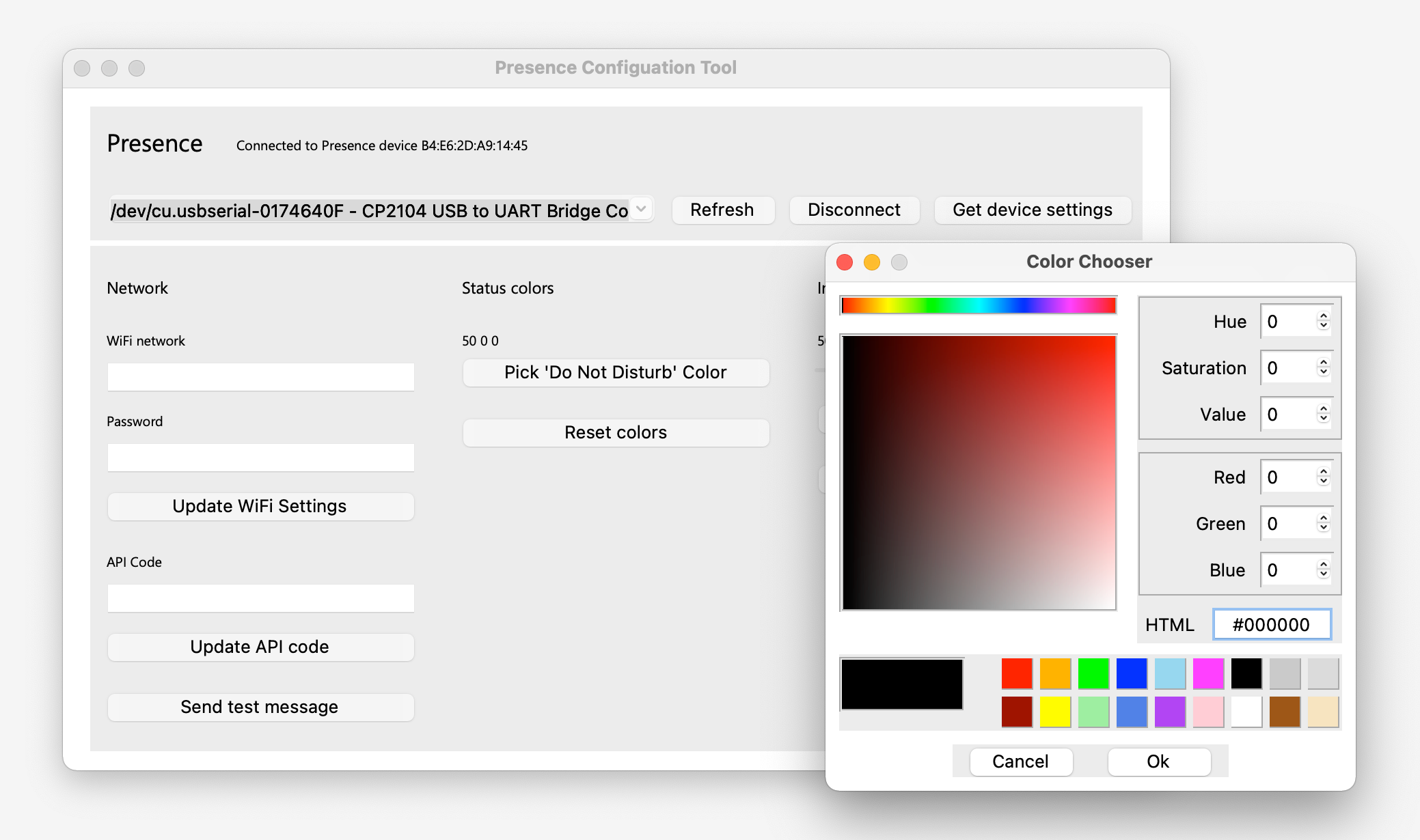 The Presence Configuration Tool showing WiFi settings, a status colour picker, and API code fields. Image by Lee Murray.