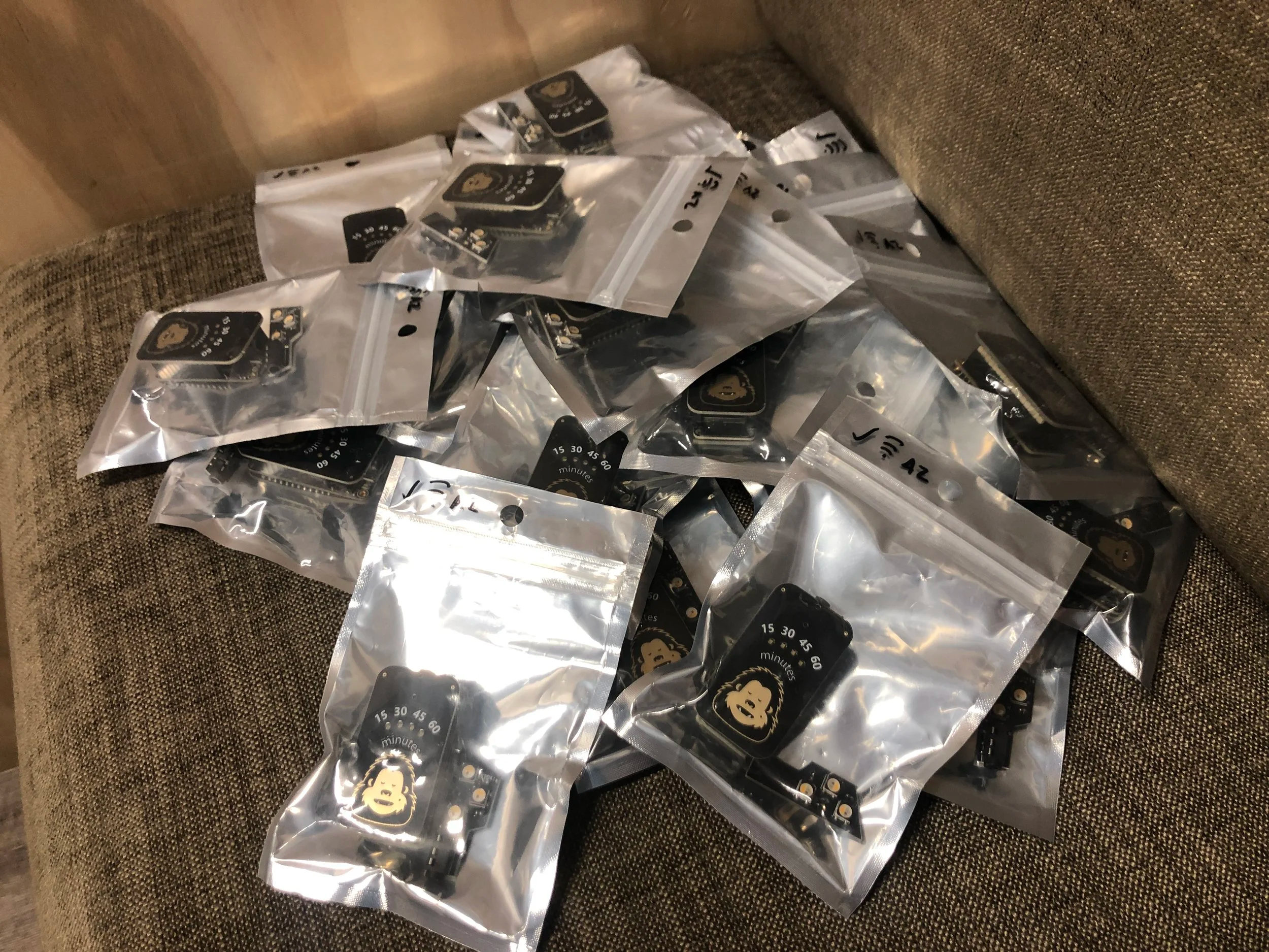 A pile of individually packaged presence indicator PCBs in foil bags, ready for distribution to the D3 Studio team. Image by Lee Murray.